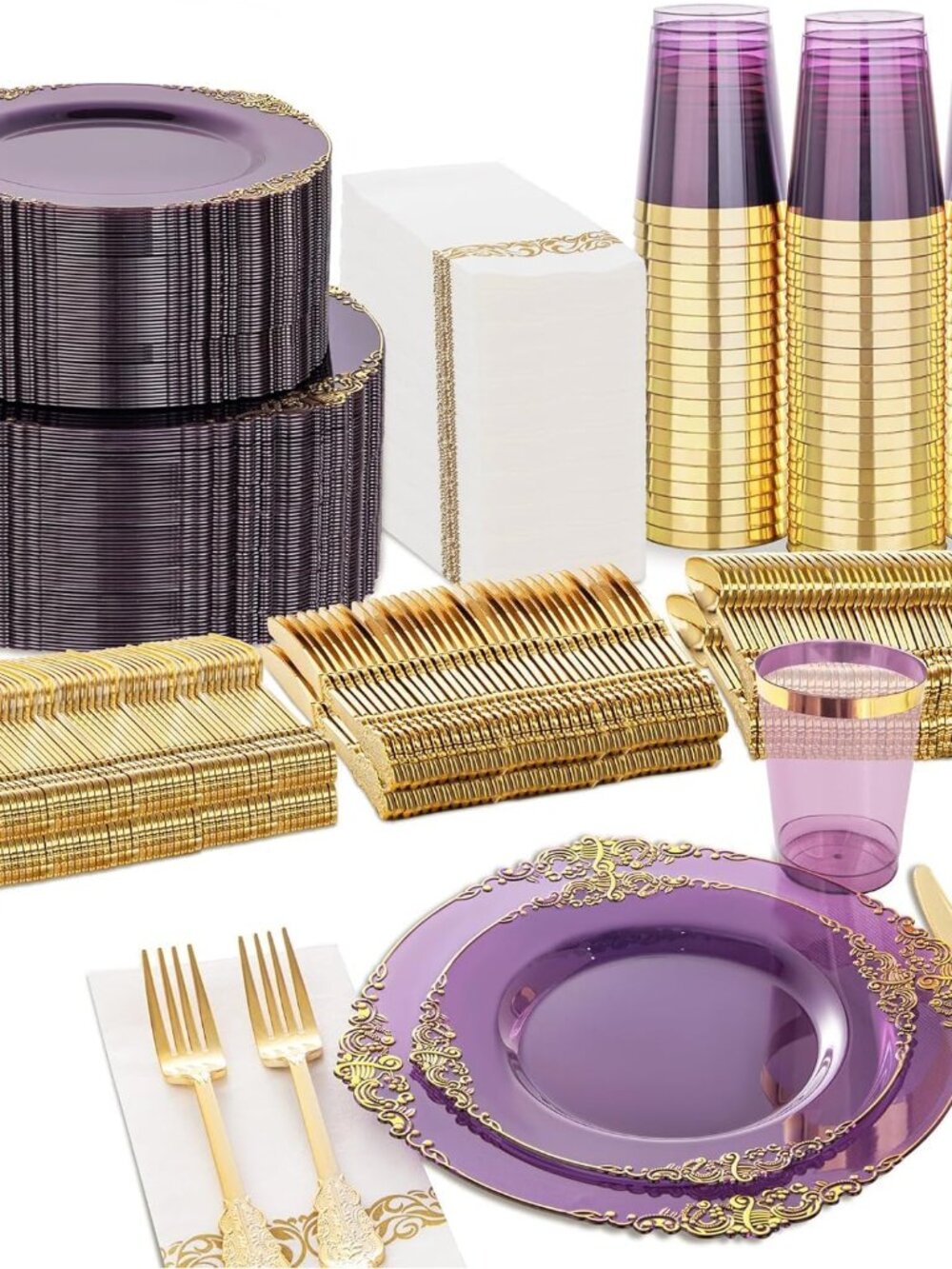 350Pcs Purple Plastic Plates, Plastic Dinnerware Set for 50 Guests